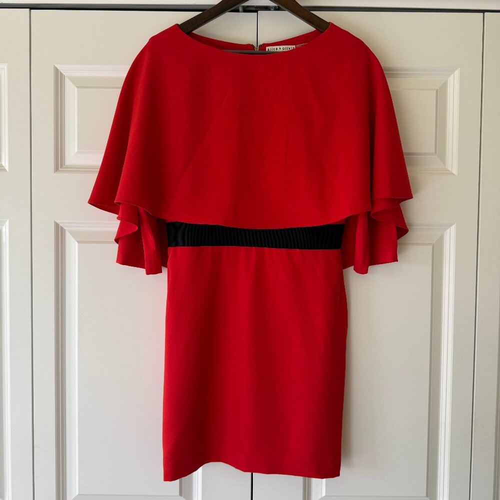 Alice + Olivia Red Cape Style Cocktail Dress Black Waist Size 8